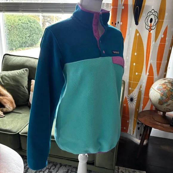 Patagonia Synchilla Womens Teal and Pink Snap Fleece Pullover Small - Picture 9 of 14